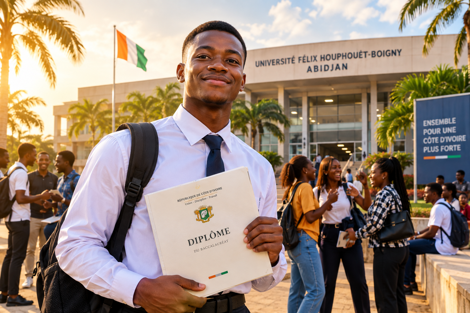 Étudiant ivoirien tenant son diplôme du baccalauréat devant l'Université Félix Houphouët-Boigny d'Abidjan